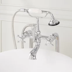 37-1/2" Freestanding Telephone Faucet - Vintage Cross Handle - Chrome 5 37-1/2" Freestanding Telephone Faucet - Vintage Cross Handle - Chrome -Home-Bathroom 402789 telephone freestanding tub faucet CP close up Detail160 scaled
