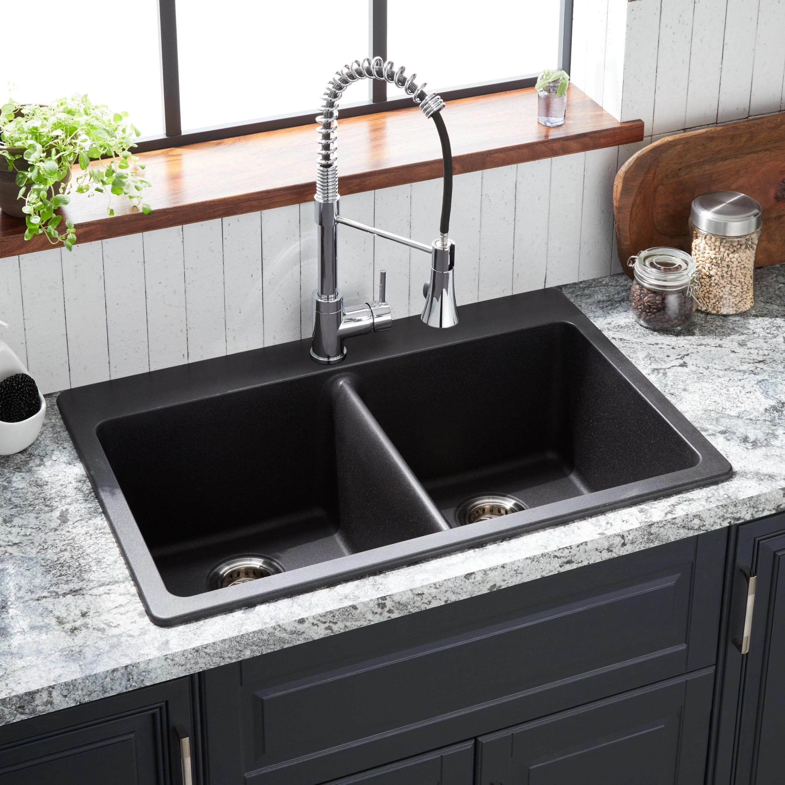 33" Totten Double-Bowl Granite Composite Drop-In Kitchen Sink - Black 1 33" Totten Double-Bowl Granite Composite Drop-In Kitchen Sink - Black
