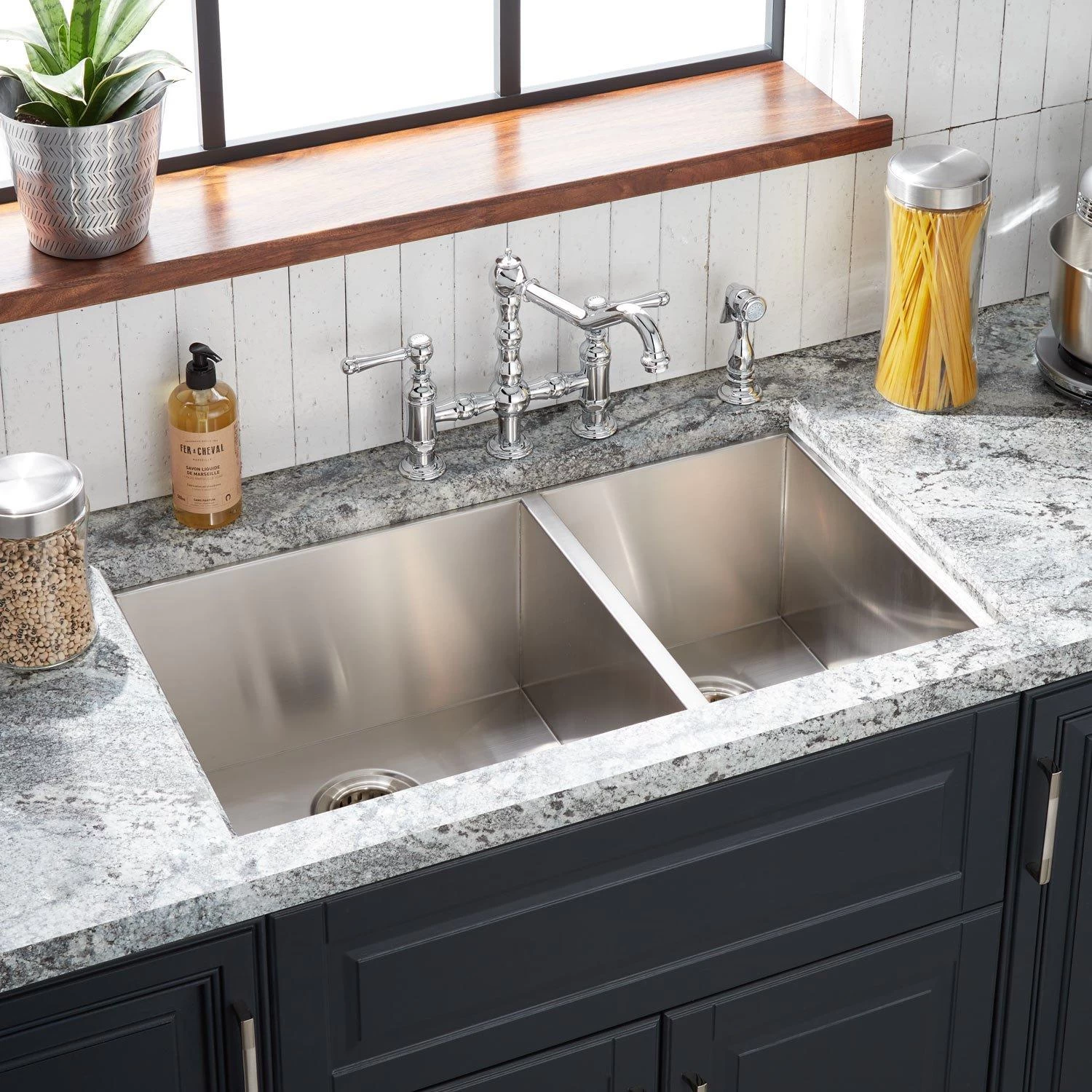 33" Sitka Offset Double-Bowl Stainless Steel Undermount Sink - 4-Hole 1 33" Sitka Offset Double-Bowl Stainless Steel Undermount Sink - 4-Hole