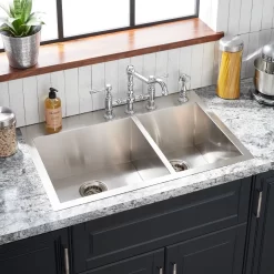 33" Sitka Offset Double-Bowl Stainless Steel Drop-In Sink - 4-Hole
