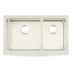 36" Fournier 60/40 Offset Double-Bowl Stainless Steel Farmhouse Sink - Curved Apron -Home-Bathroom 478422 Fournier dbl FH sink SS 36 top MV90 scaled