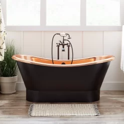 70" Thaine Antique Black Copper Double-Slipper Pedestal Tub - Polished Interior