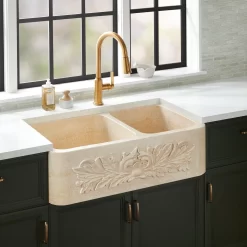 36" Silbury Ivy 60/40 Offset Double Bowl Marble Farmhouse Sink - Egyptian Cream