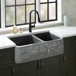 36" Finbrook Chiseled 60/40 Offset Double Bowl Granite Farmhouse Sink - Blue Gray