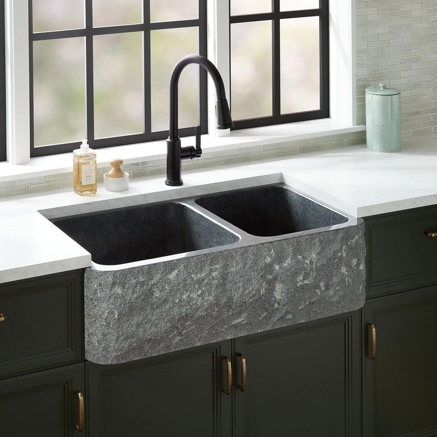 36" Finbrook Chiseled 60/40 Offset Double Bowl Granite Farmhouse Sink - Blue Gray 1 36" Finbrook Chiseled 60/40 Offset Double Bowl Granite Farmhouse Sink - Blue Gray