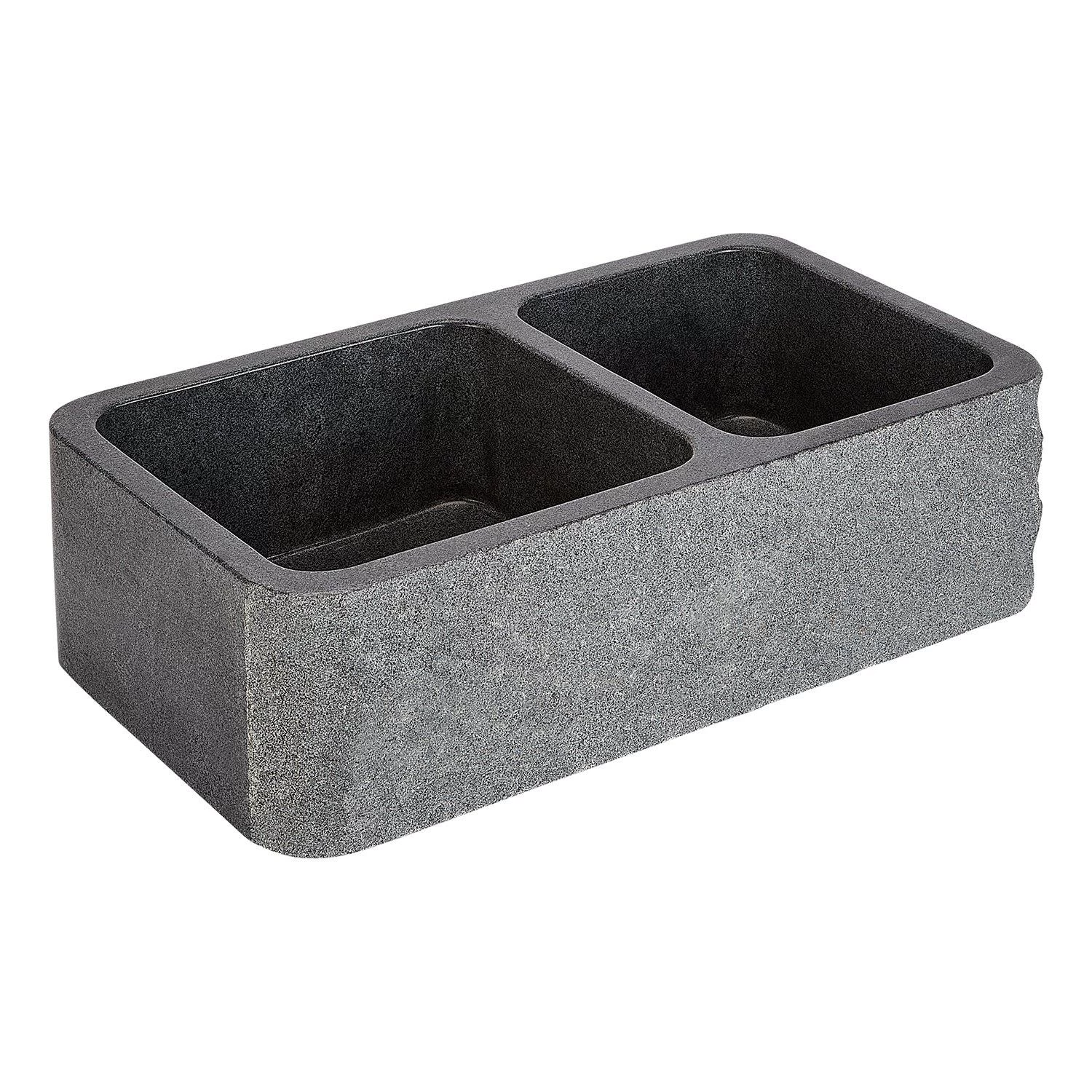 36" Finbrook Chiseled 60/40 Offset Double Bowl Granite Farmhouse Sink - Blue Gray 2 36" Finbrook Chiseled 60/40 Offset Double Bowl Granite Farmhouse Sink - Blue Gray - Image 2