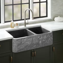 36" Finbrook Chiseled 60/40 Offset Double Bowl Granite Farmhouse Sink - Black