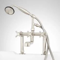 Gervaise Deck-Mount Tub Faucet And Hand Shower - Cross Handles -Home-Bathroom SH 476338 contemporary tub faucet cross bn front